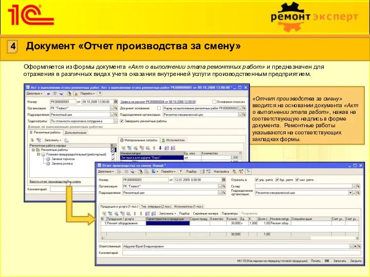 «Отчет производства за смену» вводится на основании документа «Акт о выполнении этапа работ»,