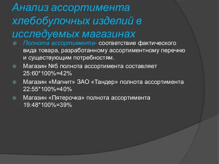 Анализ ассортимента хлебобулочных изделий в исследуемых магазинах Полнота ассортимента- соответствие