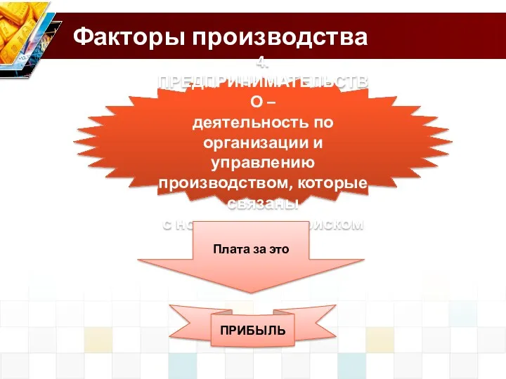 Факторы производства 4. ПРЕДПРИНИМАТЕЛЬСТВО – деятельность по организации и управлению