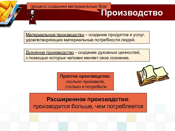 Производство Материальное производство – создание продуктов и услуг, удовлетворяющих материальные