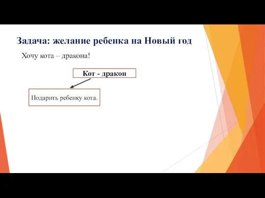 Задача: желание ребенка на Новый год Хочу кота – дракона! Кот - дракон Подарить ребенку кота.