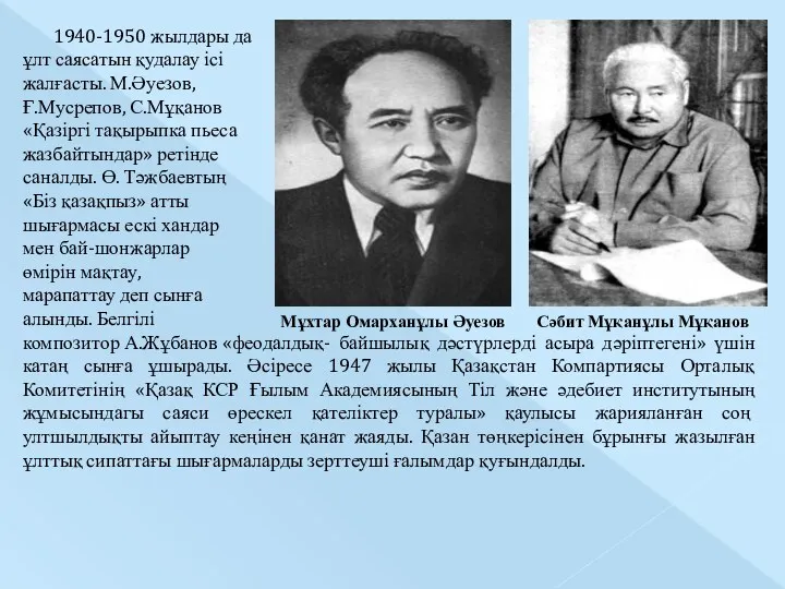 Мұхтар Омарханұлы Әуезов Сәбит Мұқанұлы Мұқанов 1940-1950 жылдары да ұлт саясатын қудалау ісі