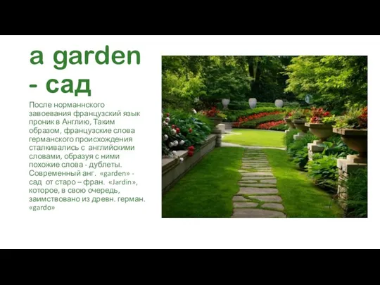 a garden - сад После норманнского завоевания французский язык проник