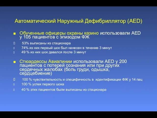 Обученные офицеры охраны казино использовали AED у 105 пациентов с эпизодом ФЖ 53%
