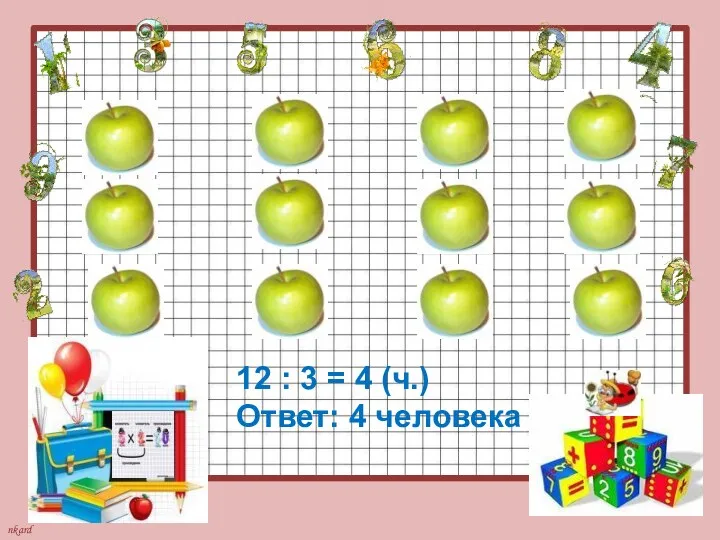 12 : 3 = 4 (ч.) Ответ: 4 человека