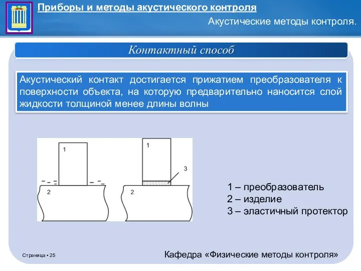 Акустический контакт достигается прижатием преобразователя к поверхности объекта, на которую