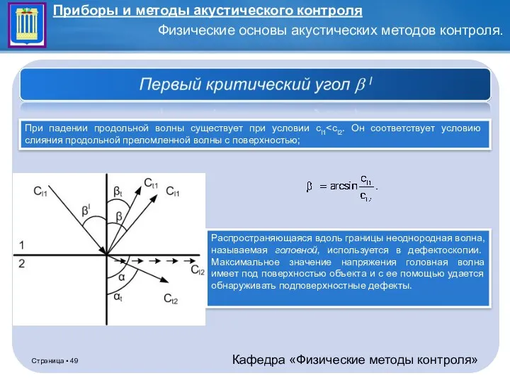 При падении продольной волны существует при условии cl1 Распространяющаяся вдоль