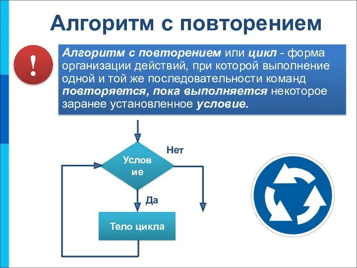 Алгоритм с повторением Алгоритм с повторением или цикл - форма