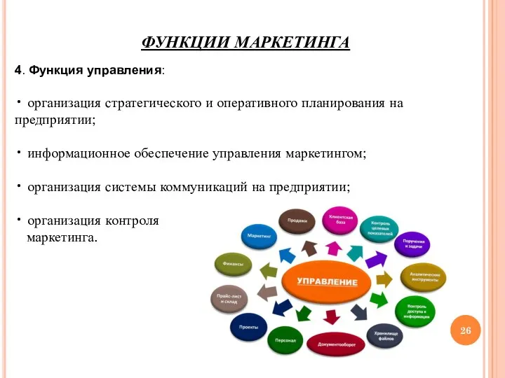 ФУНКЦИИ МАРКЕТИНГА 4. Функция управления: • организация стратегического и оперативного