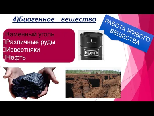 Каменный уголь Различные руды Известняки Нефть 4)Биогенное вещество РАБОТА ЖИВОГО ВЕЩЕСТВА