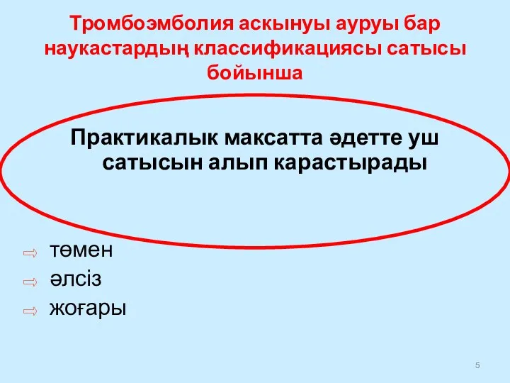 Тромбоэмболия аскынуы ауруы бар наукастардың классификациясы сатысы бойынша Практикалык максатта