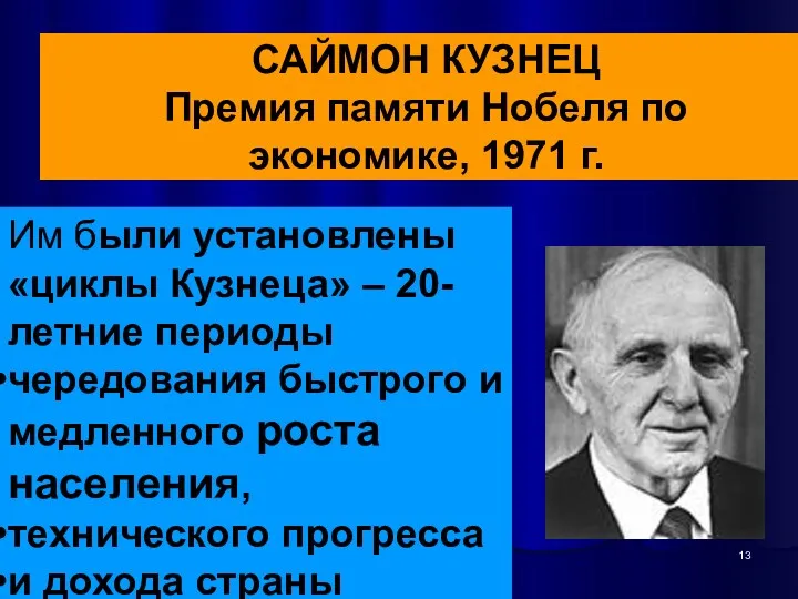 САЙМОН КУЗНЕЦ Премия памяти Нобеля по экономике, 1971 г. Им