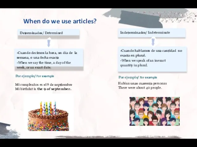 When do we use articles? Determinados/ Determined Indeterminados/ Indeterminate -Cuando