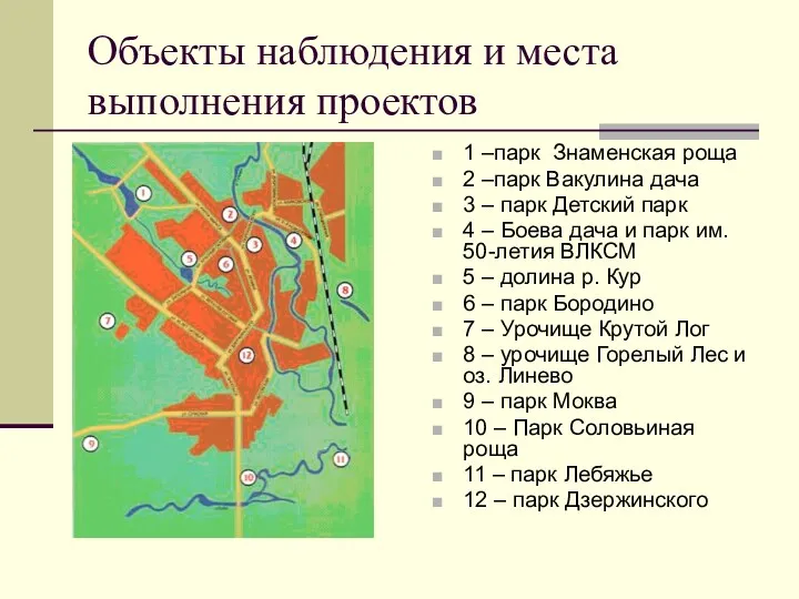 Объекты наблюдения и места выполнения проектов 1 –парк Знаменская роща