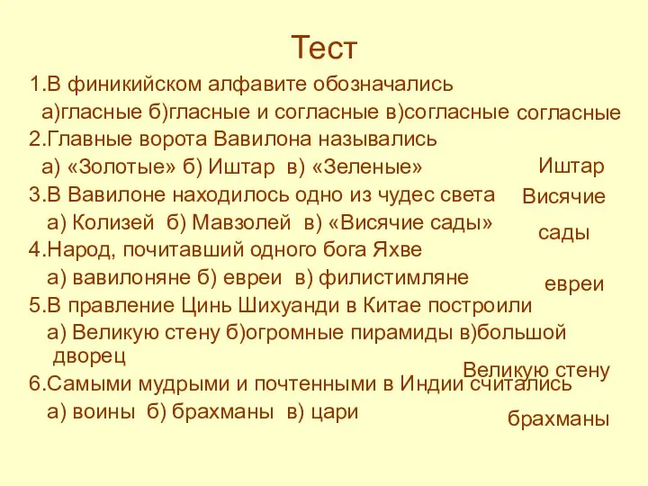 Тест 1.В финикийском алфавите обозначались а)гласные б)гласные и согласные в)согласные 2.Главные ворота Вавилона