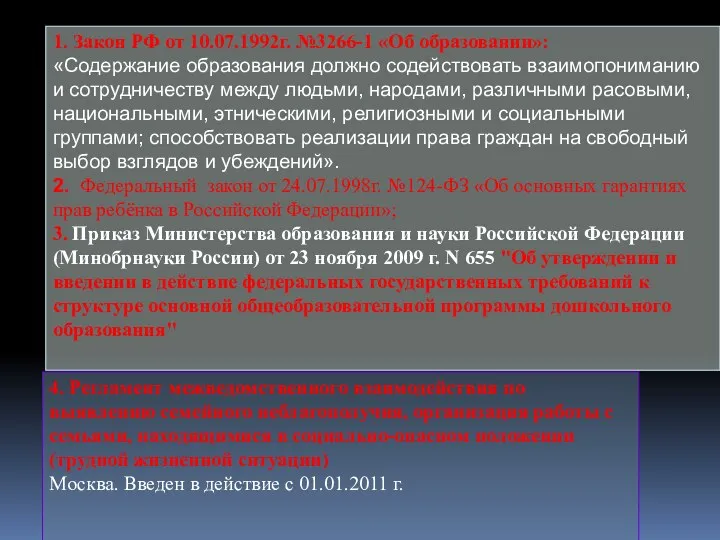 1. Закон РФ от 10.07.1992г. №3266-1 «Об образовании»: «Содержание образования