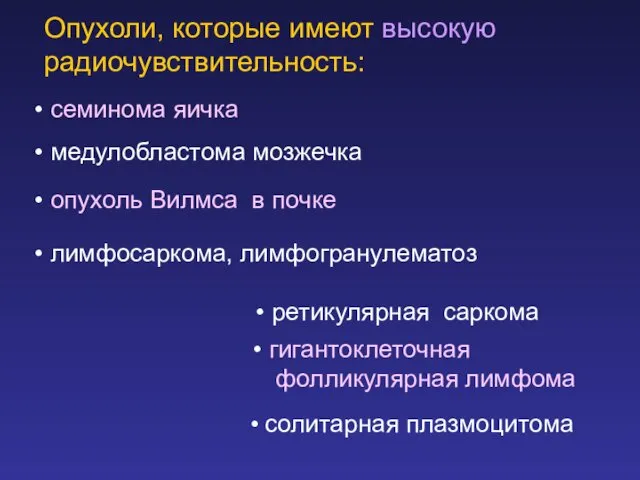 Опухоли, которые имеют высокую радиочувствительность: семинома яичка медулобластома мозжечка опухоль