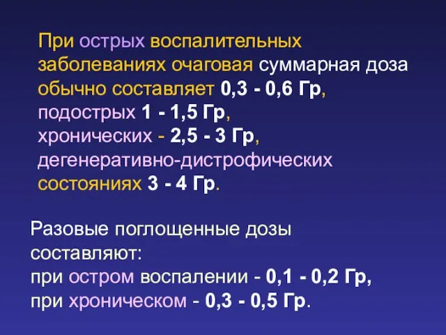 При острых воспалительных заболеваниях очаговая суммарная доза обычно составляет 0,3