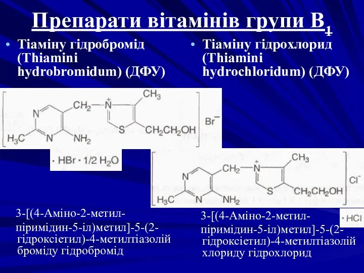 Препарати вітамінів групи В1 Тіаміну гідробромід (Thiamini hydrobromidum) (ДФУ) 3-[(4-Аміно-2-метил-