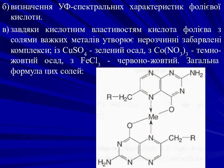 б) визначення УФ-спектральних характеристик фолієвої кислоти. в) завдяки кислотним властивостям