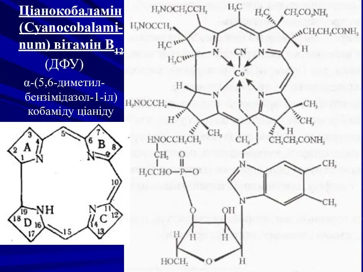 Ціанокобаламін (Cyanocobalami-num) вітамін В12 (ДФУ) α-(5,6-диметил-бензімідазол-1-іл)кобаміду ціаніду Корин