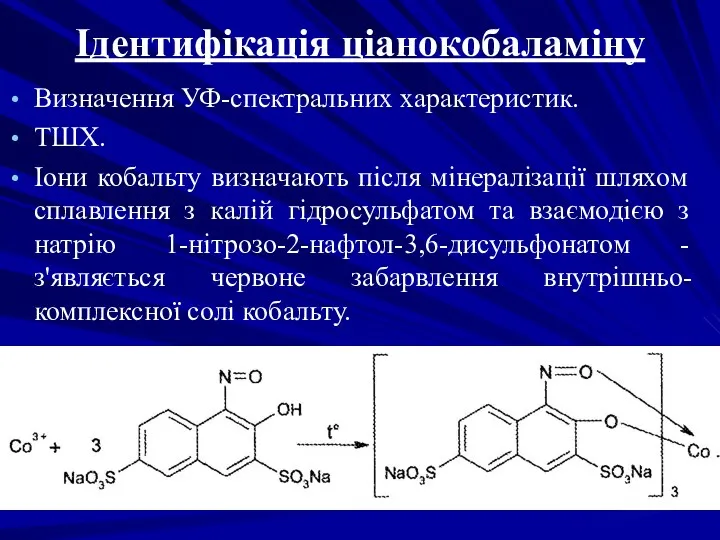 Ідентифікація ціанокобаламіну Визначення УФ-спектральних характеристик. ТШХ. Іони кобальту визначають після