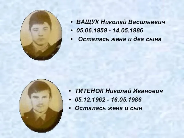 ВАЩУК Николай Васильевич 05.06.1959 - 14.05.1986 Осталась жена и два