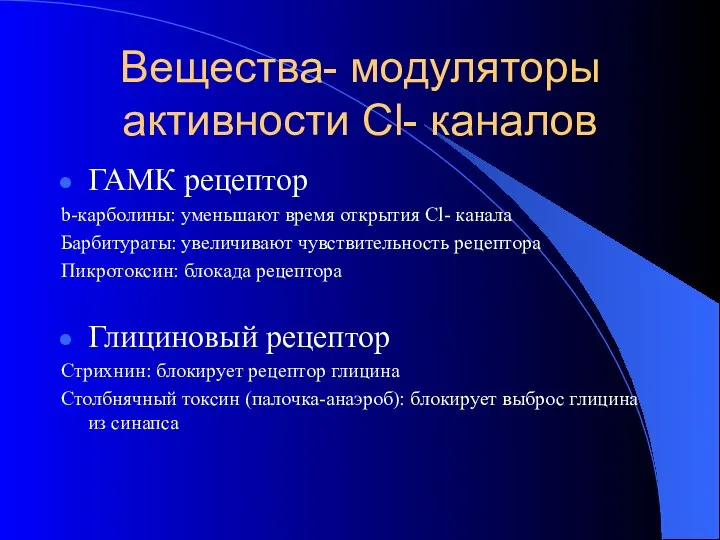 Вещества- модуляторы активности Cl- каналов ГАМК рецептор b-карболины: уменьшают время