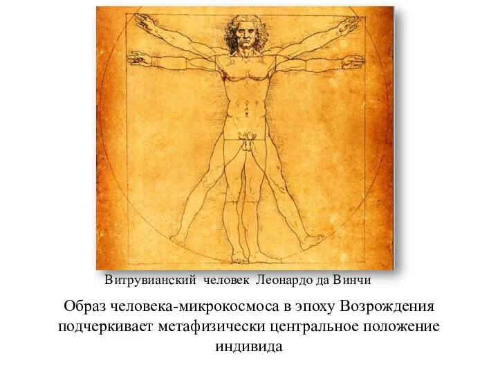 Витрувианский человек Леонардо да Винчи Образ человека-микрокосмоса в эпоху Возрождения подчеркивает метафизически центральное положение индивида