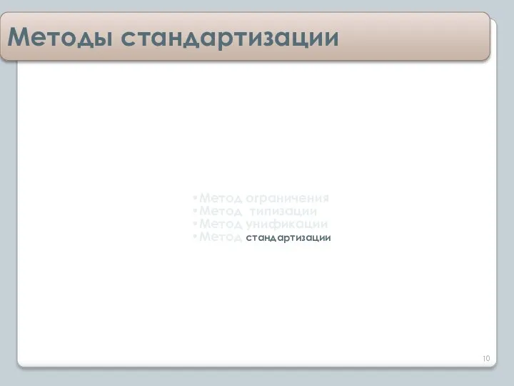 Методы стандартизации Метод ограничения Метод типизации Метод унификации Метод стандартизации