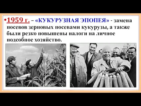 1959 г. – «КУКУРУЗНАЯ ЭПОПЕЯ» - замена посевов зерновых посевами кукурузы, а также