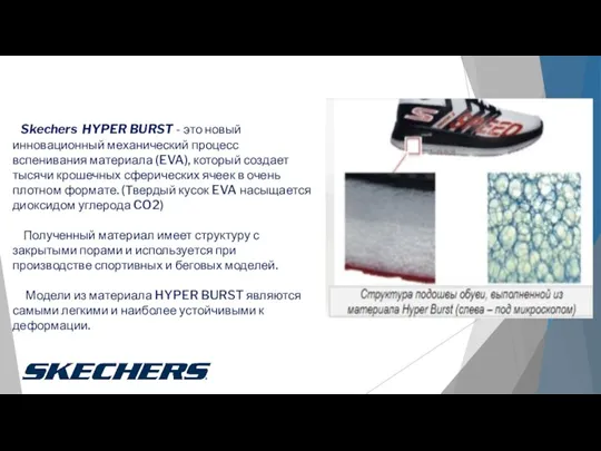 Skechers HYPER BURST - это новый инновационный механический процесс вспенивания материала (EVA), который