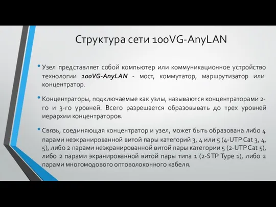 Структура сети 100VG-AnyLAN Узел представляет собой компьютер или коммуникационное устройство