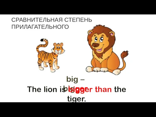 СРАВНИТЕЛЬНАЯ СТЕПЕНЬ ПРИЛАГАТЕЛЬНОГО big – bigger The lion is bigger than the tiger.