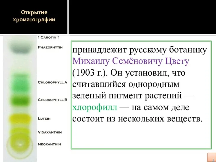 Открытие хроматографии принадлежит русскому ботанику Михаилу Семёновичу Цвету (1903 г.).