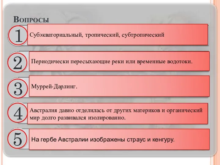 Вопросы Субэкваториальный, тропический, субтропический Периодически пересыхающие реки или временные водотоки. Муррей-Дарлинг. Австралия давно