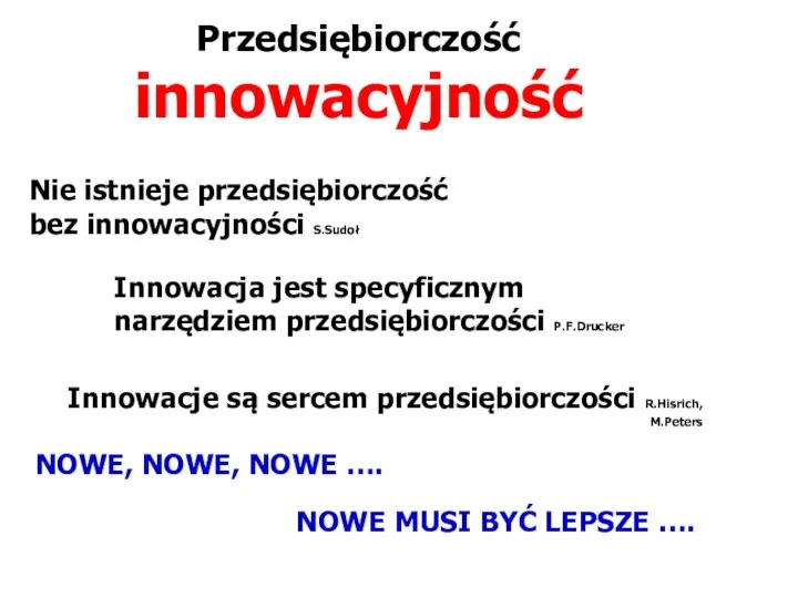 Przedsiębiorczość innowacyjność Nie istnieje przedsiębiorczość bez innowacyjności S.Sudoł Innowacje są