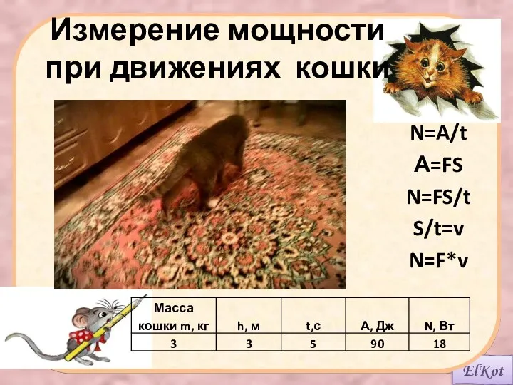 Измерение мощности при движениях кошки N=A/t А=FS N=FS/t S/t=v N=F*v