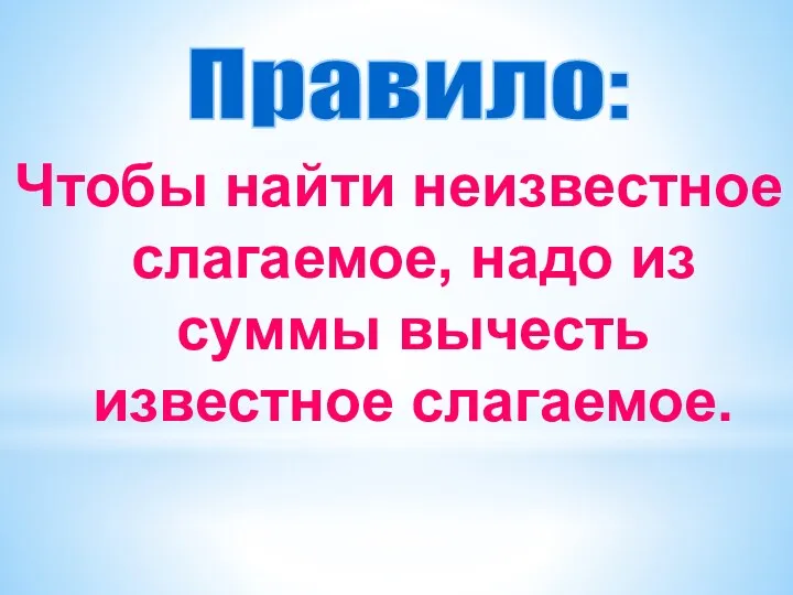 Чтобы найти неизвестное слагаемое, надо из суммы вычесть известное слагаемое. Правило: