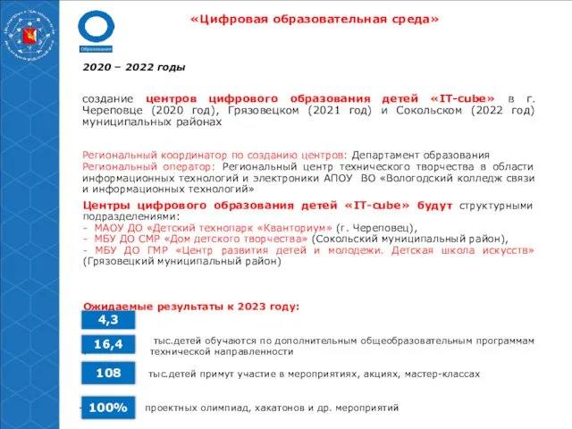 «Цифровая образовательная среда» 2020 – 2022 годы создание центров цифрового