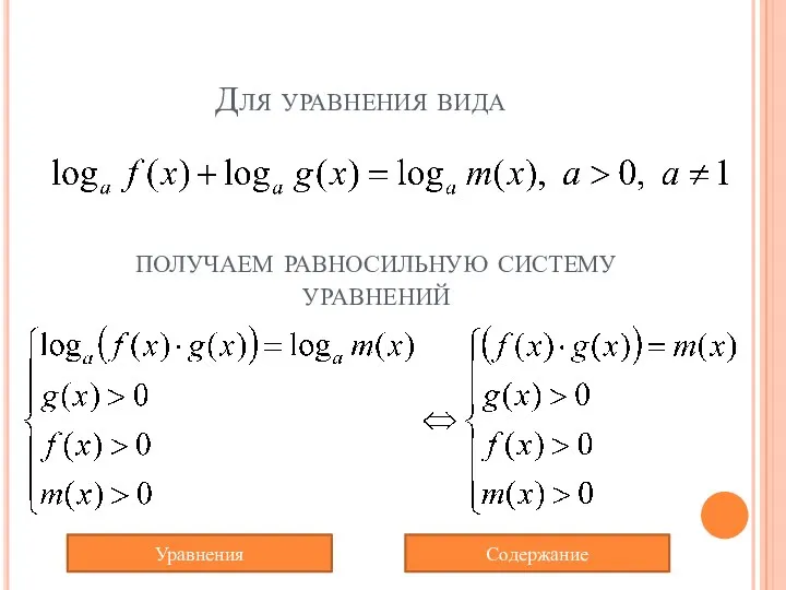 Для уравнения вида получаем равносильную систему уравнений Содержание Уравнения