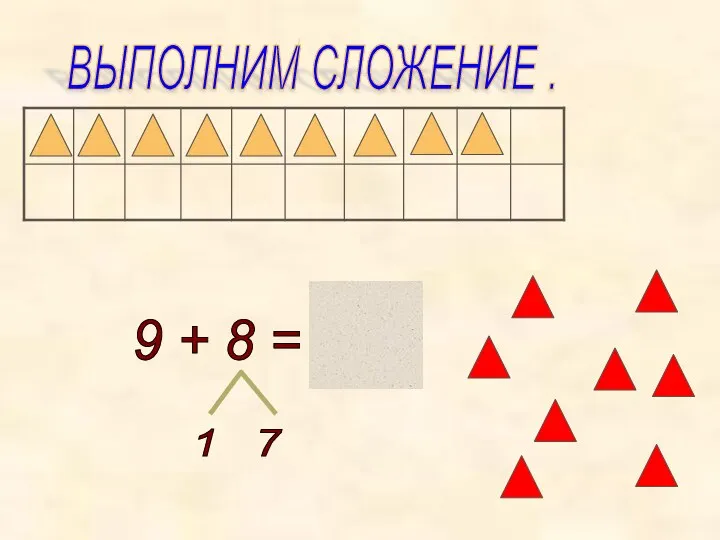 9 + 8 = 17 1 7 ВЫПОЛНИМ СЛОЖЕНИЕ .