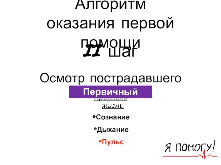 Алгоритм оказания первой помощи II шаг Осмотр пострадавшего Признаки жизни Сознание Дыхание Пульс Первичный осмотр