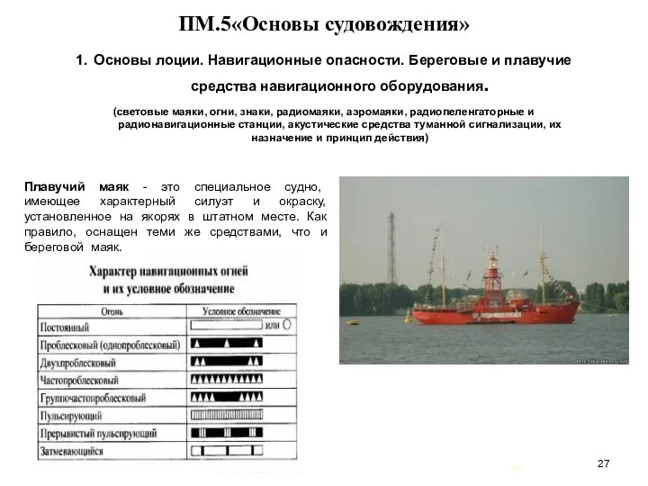 … . ПМ.5«Основы судовождения» 1. Основы лоции. Навигационные опасности. Береговые