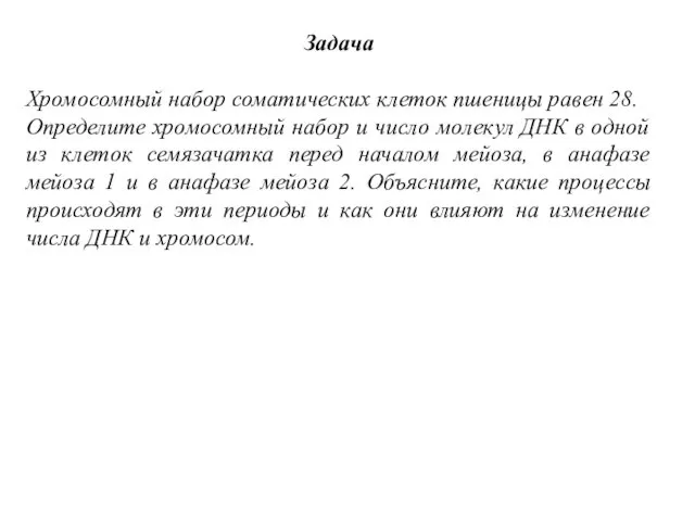 Задача Хромосомный набор соматических клеток пшеницы равен 28. Определите хромосомный