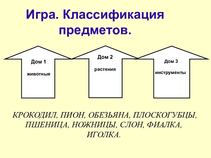 Игра. Классификация предметов. КРОКОДИЛ, ПИОН, ОБЕЗЬЯНА, ПЛОСКОГУБЦЫ, ПШЕНИЦА, НОЖНИЦЫ, СЛОН, ФИАЛКА, ИГОЛКА.