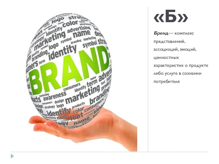«Б» Бренд— комплекс представлений, ассоциаций, эмоций, ценностных характеристик о продукте либо услуге в сознании потребителя