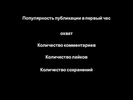 Популярность публикации в первый час охват Количество комментариев Количество лайков Количество сохранений