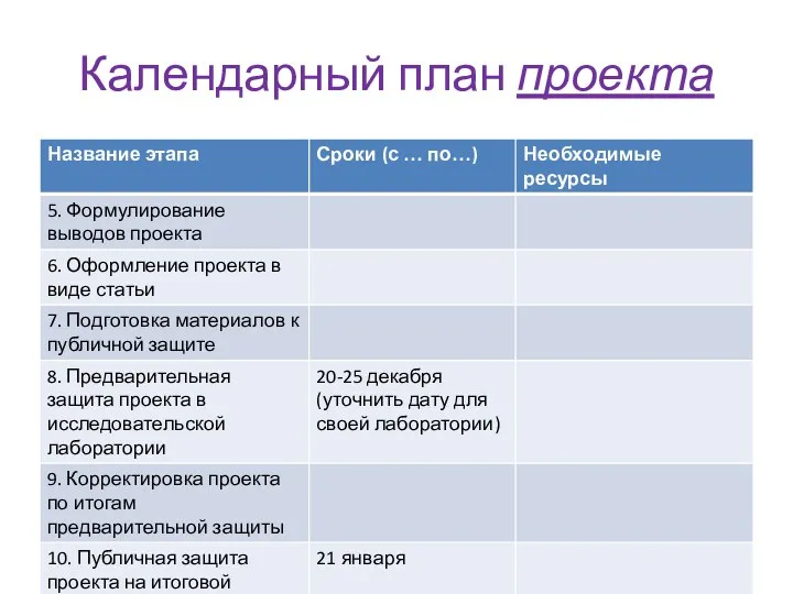 Календарный план проекта