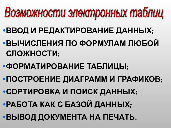 ВВОД И РЕДАКТИРОВАНИЕ ДАННЫХ; ВЫЧИСЛЕНИЯ ПО ФОРМУЛАМ ЛЮБОЙ СЛОЖНОСТИ; ФОРМАТИРОВАНИЕ